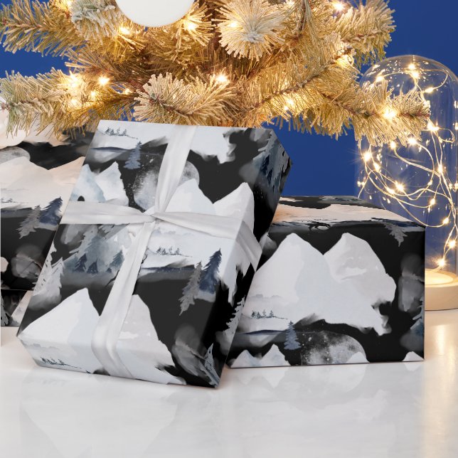 Papier Cadeau Hiver Noir Blanc Vapeur Pin Aquarelle (Vacances)