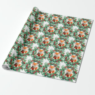 Papier Cadeau Hiver Red Fox Green Berries Baby shower