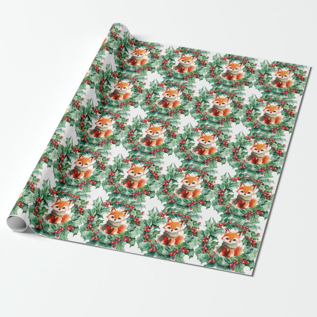 Papier Cadeau Hiver Red Fox Green Berries Baby shower (Déroulé)
