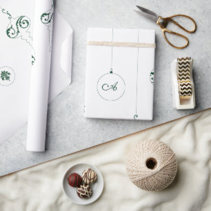 Papier Cadeau Hiver Vert Monogramme Bauble Ornements Noël