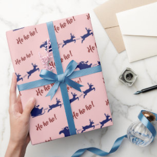 Papier Cadeau Ho Ho Ho Père Noël Sleigh and Reindeers Pink Seles