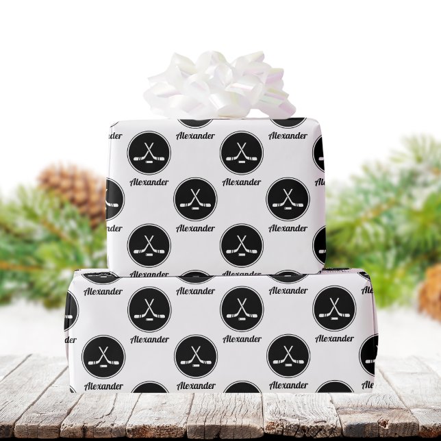 Papier Cadeau Hockey Design Noir & Blanc Classé Garçons Nom Spor (Créateur téléchargé)