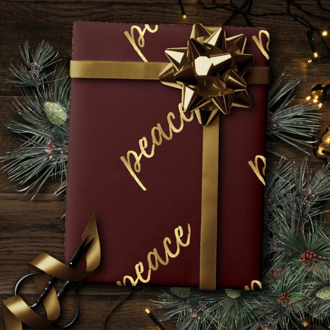 Papier Cadeau Holiday Peace | Faux Gold Foil Calligraphie rouge (Créateur téléchargé)