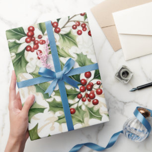Papier Cadeau Holly Feuille et Red Berries