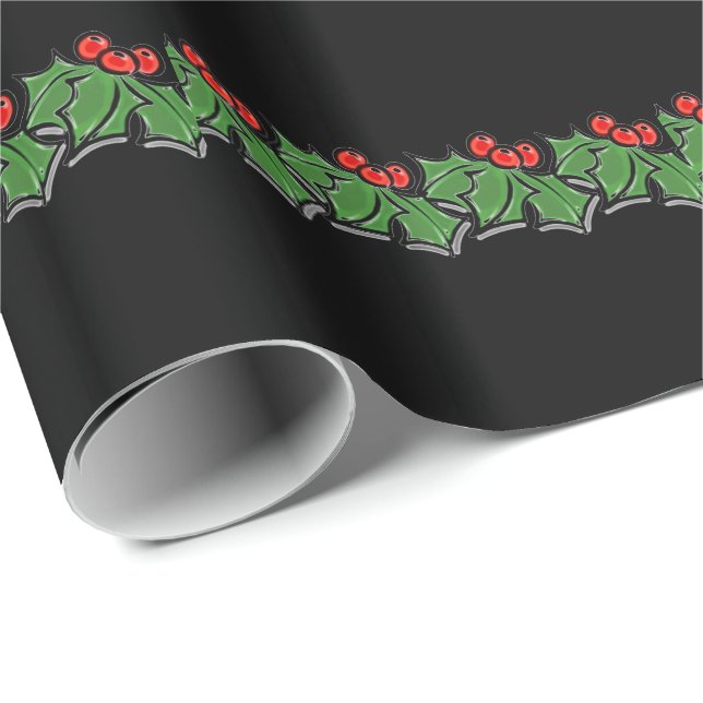 Papier Cadeau Holly Feuilles, Holly Berries, couronne de Noël (Coin rond)