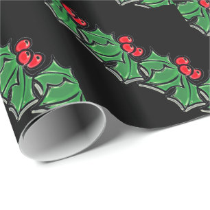 Papier Cadeau Holly Feuilles, Holly Berries, couronne de Noël