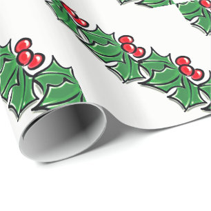 Papier Cadeau Holly Feuilles, Holly Berries, couronne de Noël