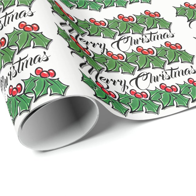 Papier Cadeau Holly Feuilles, Holly Berries, Joyeux Noël (Coin rond)