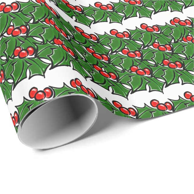 Papier Cadeau Holly Feuilles Holly berry vert rouge motif de vac (Coin rond)