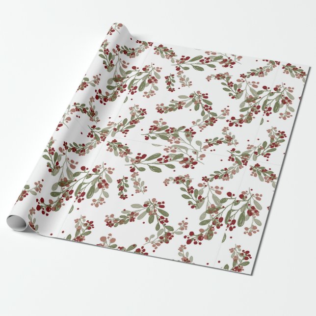 Papier Cadeau Holly Jolly Greens ; Fruits rouges et Feuilles Yul (Déroulé)