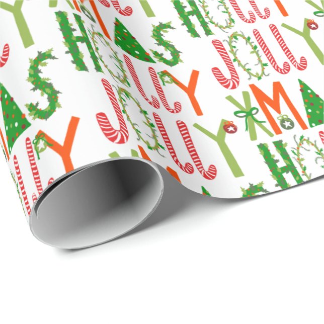 Papier Cadeau HOLLY JOLLY XMAS Jote Retro Cadeau de Noël (Coin rond)