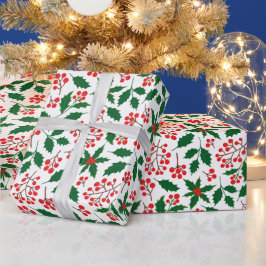 Papier Cadeau Holly Red Berries Botanical Christmas Holiday