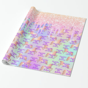 Papier Cadeau Holographie rose d'anniversaire de licorne personn