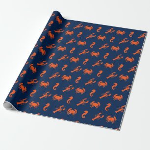 Papier Cadeau Homard crabe hippocampe marine orange motif côtier