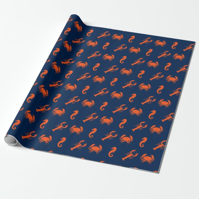 Papier Cadeau Homard crabe hippocampe marine orange motif côtier (Déroulé)