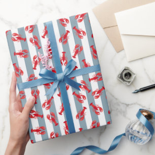 Papier Cadeau Homards Rouges Illustrés sur Rayure Gris-Bleu Clai