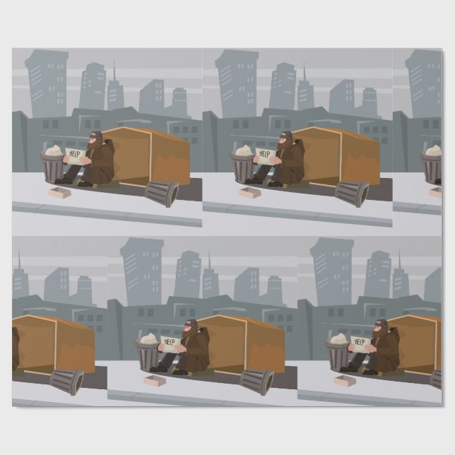 Papier Cadeau Homeless Man Holding Help Sign Urban Poverty (Plat)