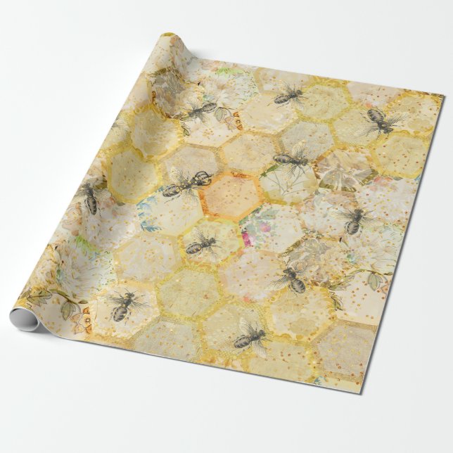 Papier Cadeau Honey Queen Bee Floral Honeycomb Or (Déroulé)
