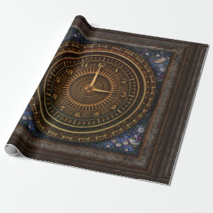 Papier Cadeau Horloge baroque victorienne brun bleu steampunk
