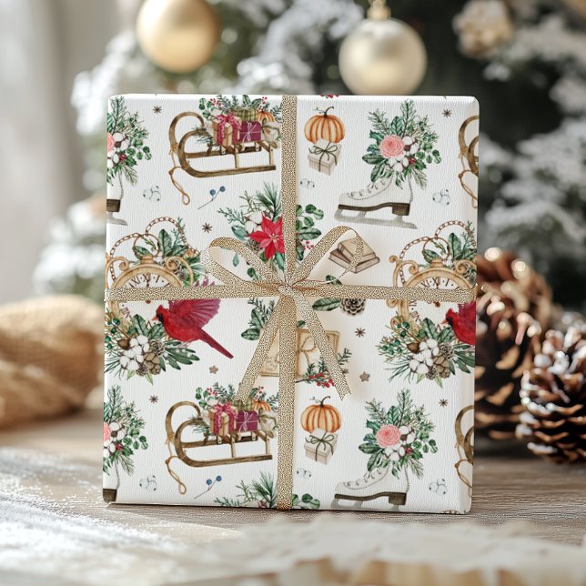 Papier Cadeau Horloge d'hiver classique et Noël Poinsettia (Créateur téléchargé)