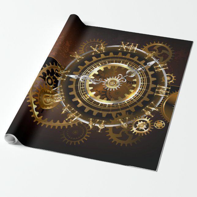 Papier Cadeau Horloge Steampunk avec des engrenages anciens (Déroulé)
