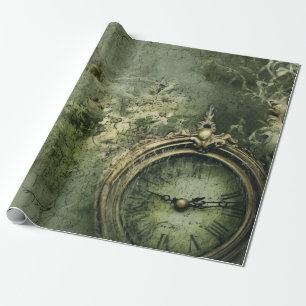 Papier Cadeau Horlogerie Steampunk Victorienne en Vert Emeraude