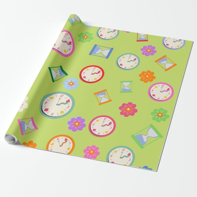 Papier Cadeau Horloges modernes et fête verte aux fleurs (Déroulé)