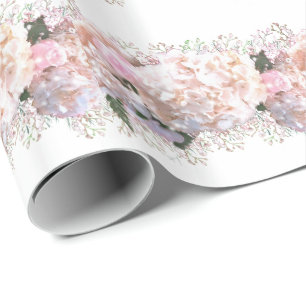 Papier Cadeau Hortensias romantiques blancs roses, fleurs blanch