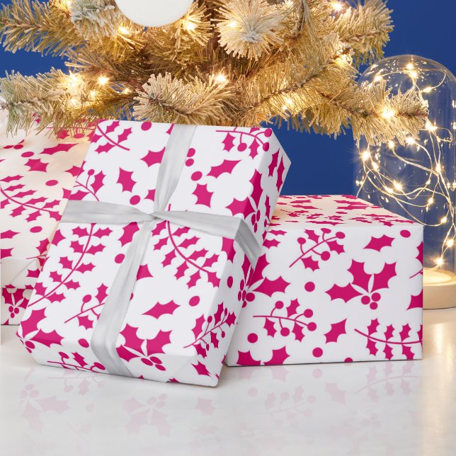 Papier Cadeau Hot White & Pink Winter Christmas Holly (Vacances)