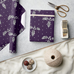 Papier Cadeau Houx de Noël Pailleté Violet et Argent Élégant
