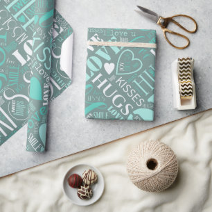 Papier Cadeau Hugs and Kisses Word Cloud Turquoise ID286