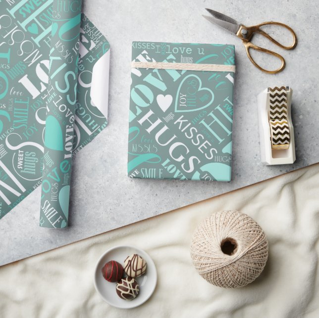 Papier Cadeau Hugs and Kisses Word Cloud Turquoise ID286 (Artisanat)