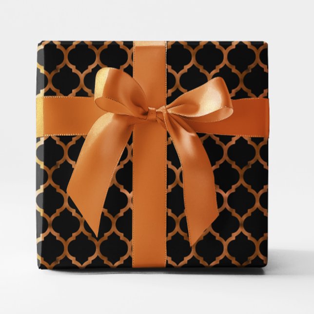 Papier Cadeau Huile de cuivre Faux et Quatrefoil noir (Faux Copper Foil and black Quatrefoil Wrapping Paper)