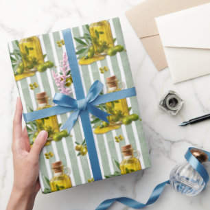 Papier Cadeau Huile d'olive à motif rayé vert sauge méditerranée