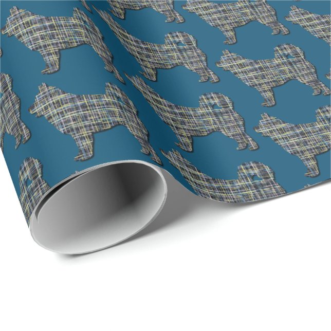Papier Cadeau Husky Siberian Chien Y&B Grille Bleu (Coin rond)