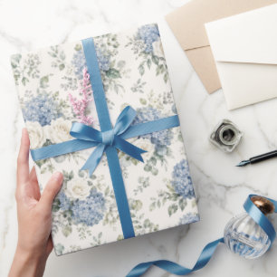 Papier Cadeau Hydrangea Bleu Poussiéreux Rose Blanche Crème Flor