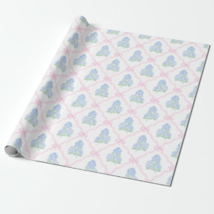 Papier Cadeau Hydrangea Bleue Prépa avec Treillis à Nœud Rose