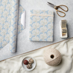 Papier Cadeau Hydrangeas blanches de mariage sur fond bleu clair