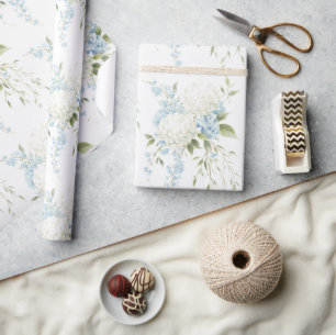 Papier Cadeau Hydrangeas Blancs Fleurs Bleues Baby Shower Mariée