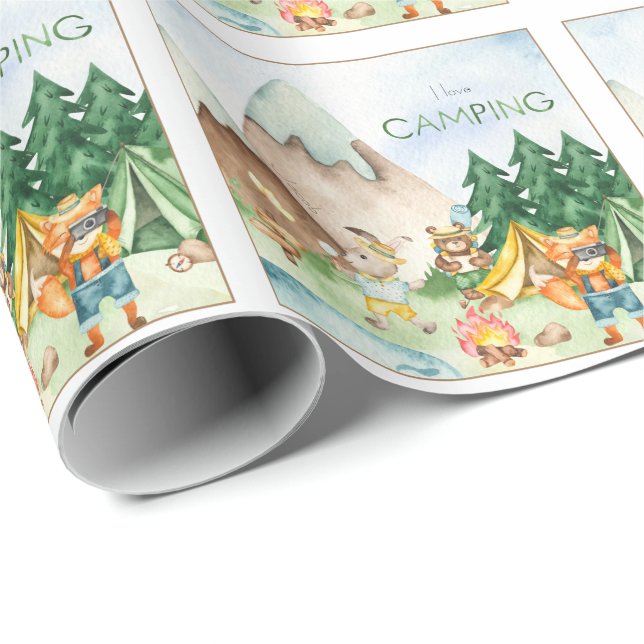 Papier Cadeau I Love Camping Bois Animaux Enfants Aquarelle (Coin rond)