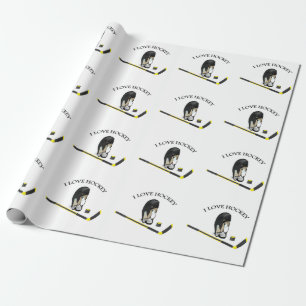 Papier Cadeau I Love hockey conception personnalisée avec bâton 