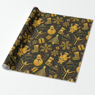 Papier Cadeau Icônes de Noël noir et or élégantes
