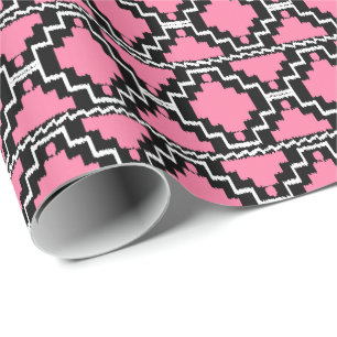 Papier Cadeau Ikat Aztec Tribal - Fuchsia rose, noir et blanc