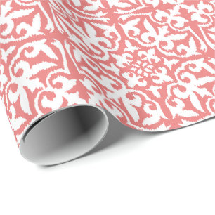 Papier Cadeau Ikat damask pattern - Coral rose et blanc
