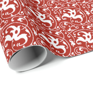 Papier Cadeau Ikat Floral Damask - Rouge foncé et blanc