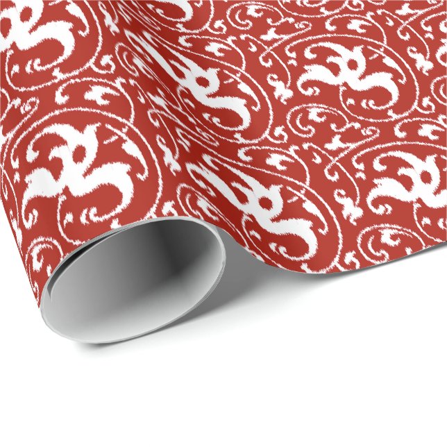 Papier Cadeau Ikat Floral Damask - Rouge foncé et blanc (Coin rond)