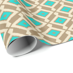 Papier Cadeau Ikat Motif - Turquoise, Taupe et Beige