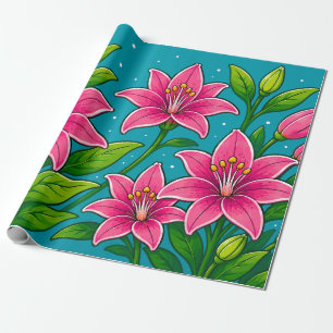 Papier Cadeau Illustration de fleurs de lys roses avec feuillage