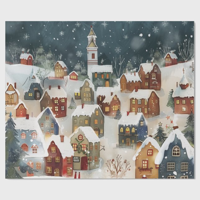 Papier Cadeau Illustration de la ville de Noël en mignon (Plat)