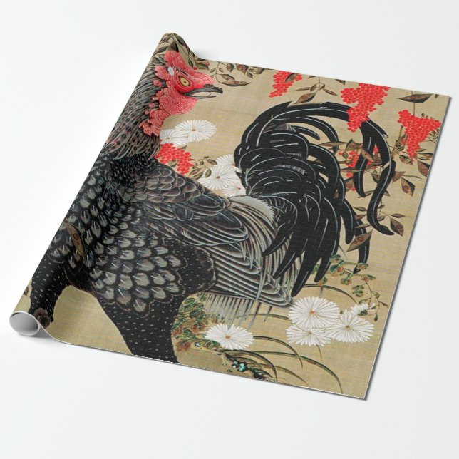 Papier Cadeau Illustration de Nandina et Rooster par Ito Jakuchu (Déroulé)